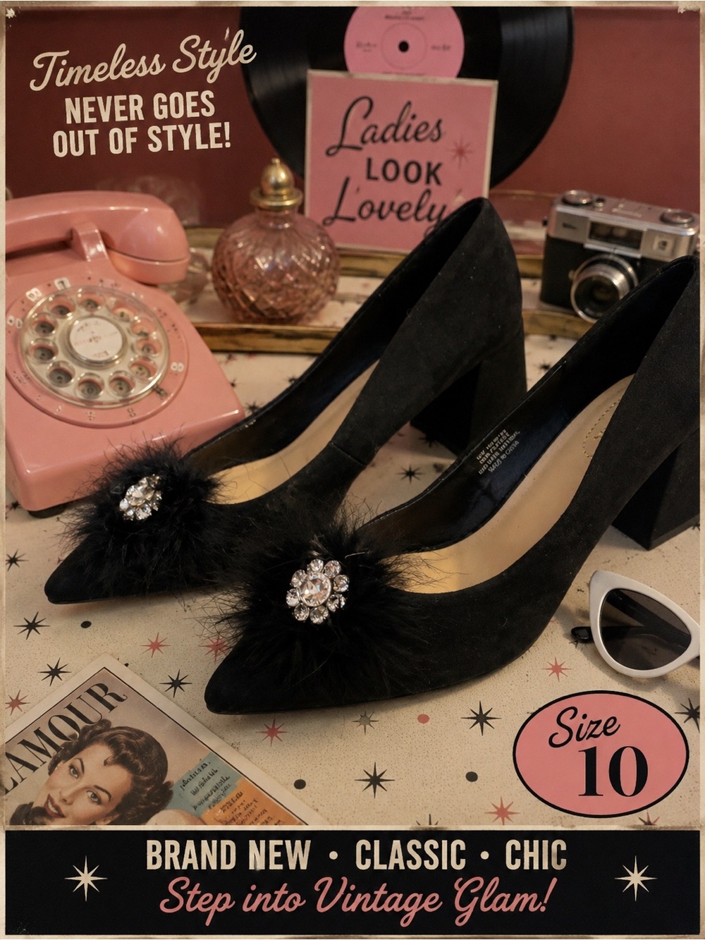 Black Suede Pointed Toe Block Heels with Rhinestone & Feather Accent